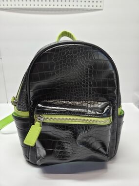 Black Croc-Texture Mini Backpack with Lime Accents